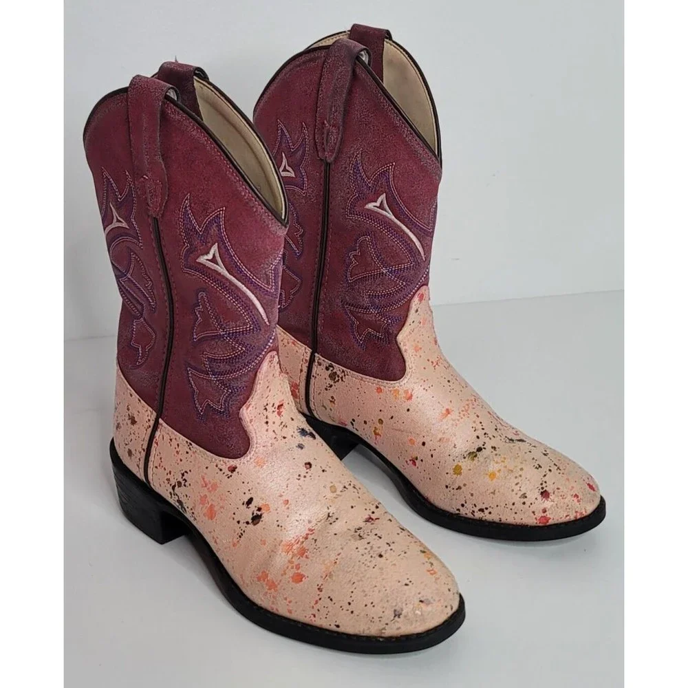 Old‎ West Kids Girls Cowboy Boots Size 2.0 D VR9129 Paint Splatter Pattern Pink